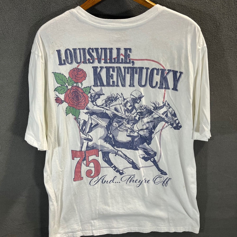 Goodie Two Sleeves Louisville Kentucky Horse Racing Graphic T-Shirt White XL